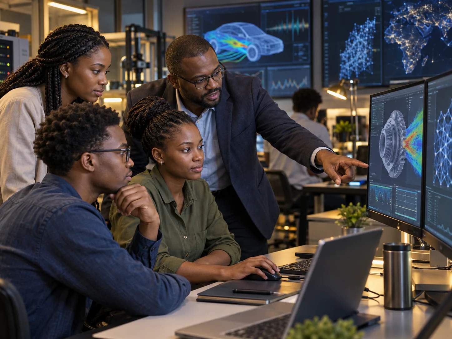 Students and a faculty mentor using a virtual engineering laboratory